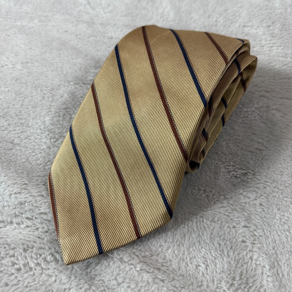 Brooks Brothers Mens Necktie Gold Yellow Striped Red Navy 58x3.75 Silk Tie